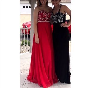 Full length strapless red dress
